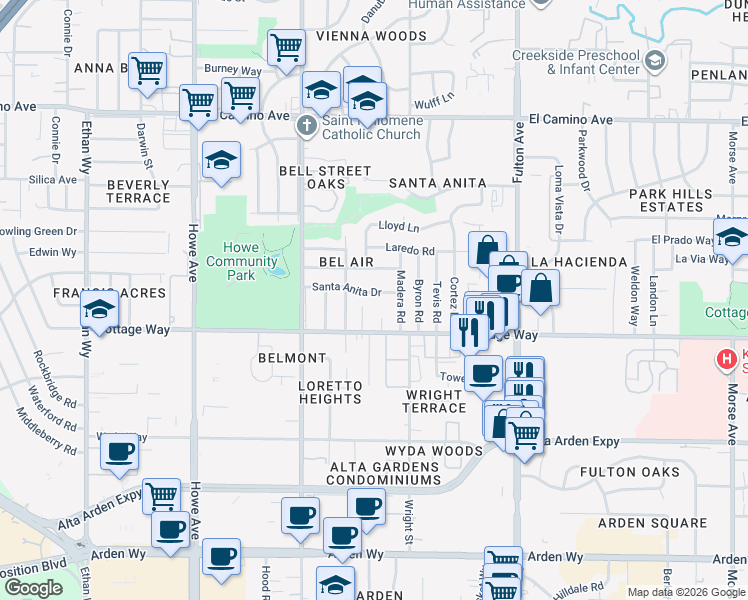 map of restaurants, bars, coffee shops, grocery stores, and more near 2108 Crane Court in Sacramento