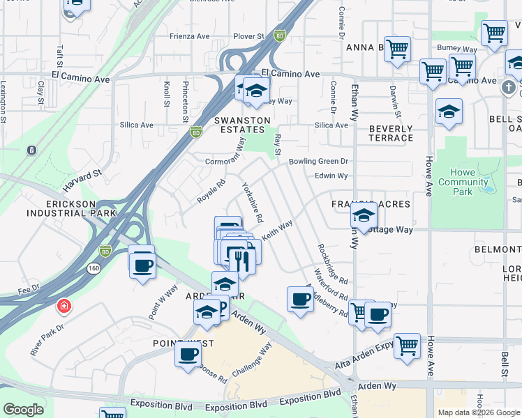 map of restaurants, bars, coffee shops, grocery stores, and more near 2105 Middleberry Road in Sacramento