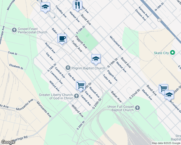 map of restaurants, bars, coffee shops, grocery stores, and more near 1830 Baker Avenue in East St. Louis