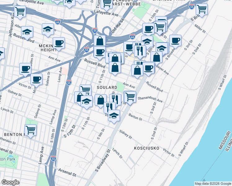 map of restaurants, bars, coffee shops, grocery stores, and more near 913 Lami Street in St. Louis