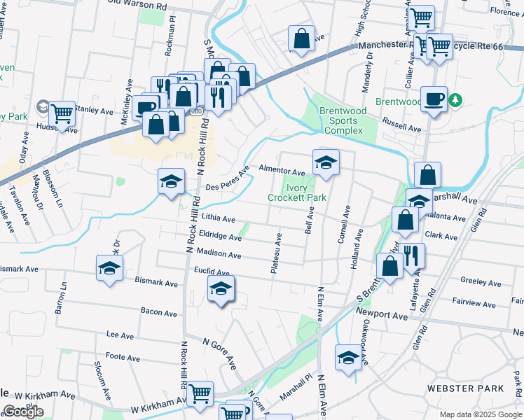 map of restaurants, bars, coffee shops, grocery stores, and more near 217 Lithia Avenue in St. Louis