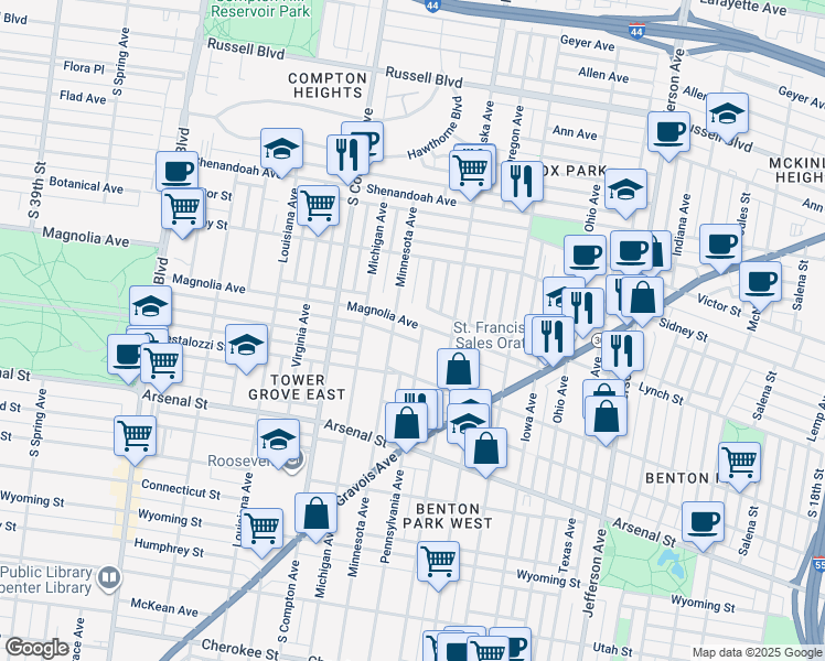 map of restaurants, bars, coffee shops, grocery stores, and more near 2824 Pennsylvania Avenue in St. Louis
