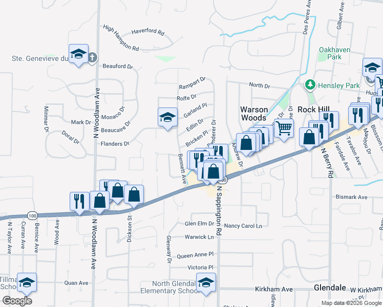 map of restaurants, bars, coffee shops, grocery stores, and more near 824 Renderer Drive in St. Louis