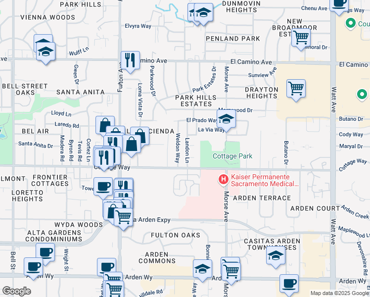 map of restaurants, bars, coffee shops, grocery stores, and more near 2125 Landon Lane in Sacramento