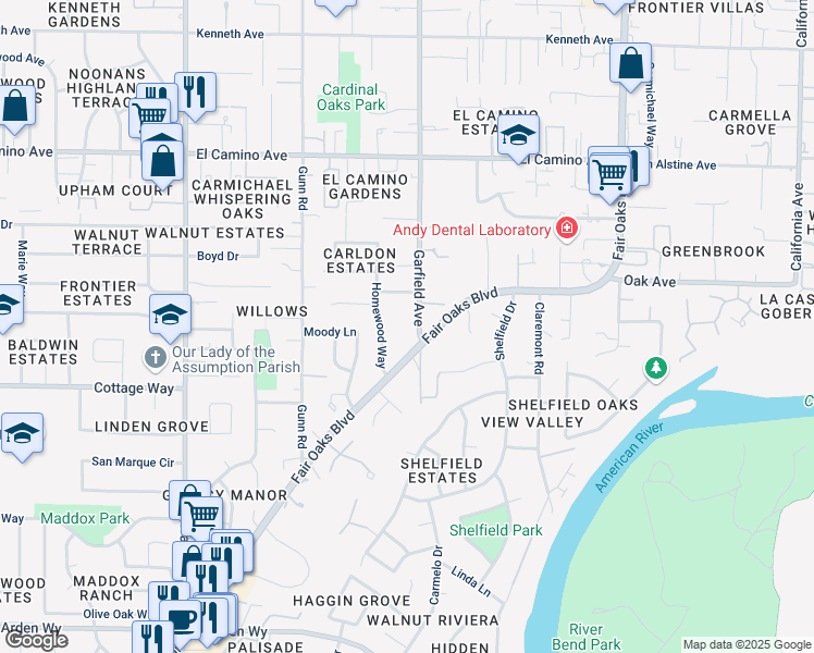map of restaurants, bars, coffee shops, grocery stores, and more near 2120 Homewood Way in Carmichael
