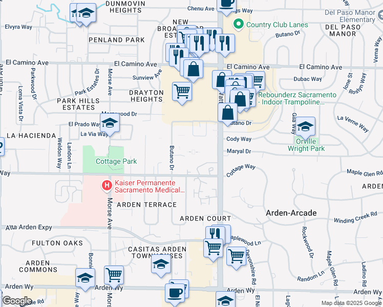 map of restaurants, bars, coffee shops, grocery stores, and more near 3329 Cottage Way in Sacramento