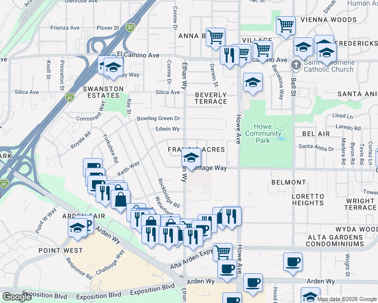 map of restaurants, bars, coffee shops, grocery stores, and more near 2109 Violet Street in Sacramento