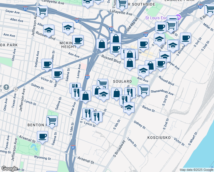 map of restaurants, bars, coffee shops, grocery stores, and more near 2348 South 11th Street in St. Louis