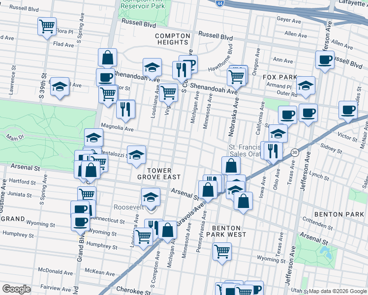 map of restaurants, bars, coffee shops, grocery stores, and more near 2841 Michigan Avenue in St. Louis