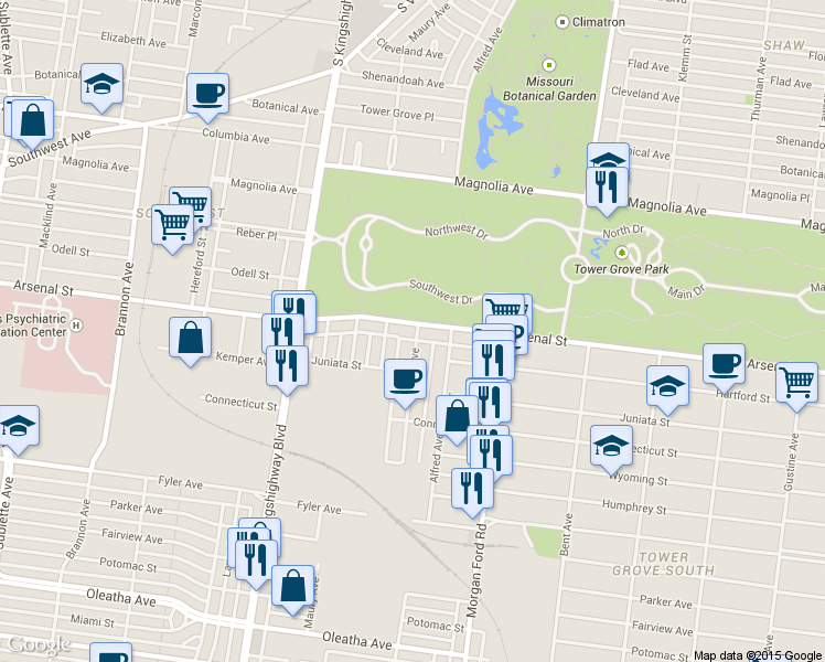 map of restaurants, bars, coffee shops, grocery stores, and more near 3126 Portis Avenue in St. Louis