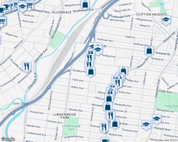map of restaurants, bars, coffee shops, grocery stores, and more near 3261 Ivanhoe Avenue in St. Louis