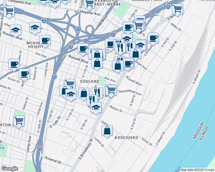 map of restaurants, bars, coffee shops, grocery stores, and more near 713 Lami Street in St. Louis