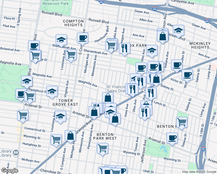 map of restaurants, bars, coffee shops, grocery stores, and more near 2838 Magnolia Avenue in St. Louis