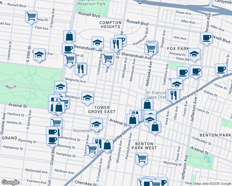 map of restaurants, bars, coffee shops, grocery stores, and more near 2841 Michigan Avenue in St. Louis