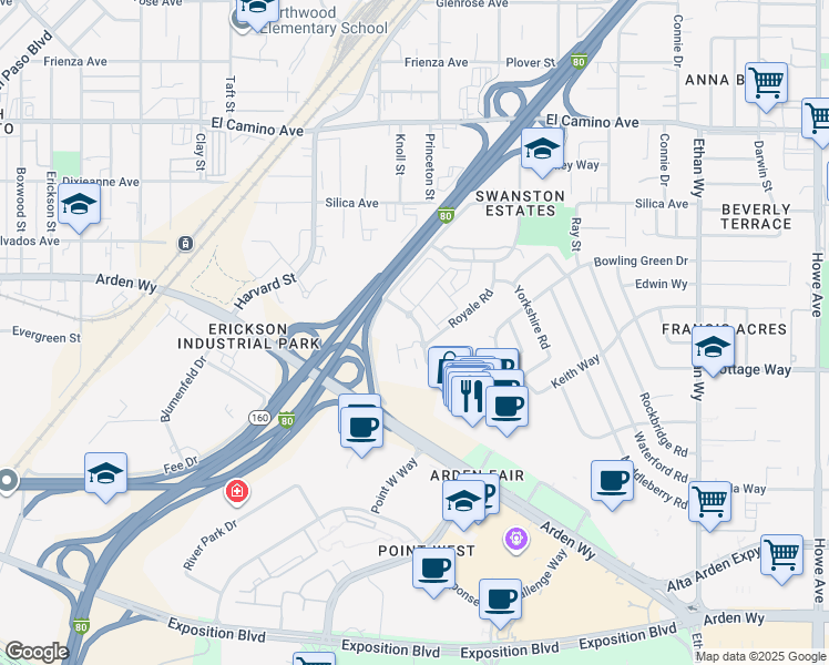 map of restaurants, bars, coffee shops, grocery stores, and more near 1542 Bartlett Lane in Sacramento