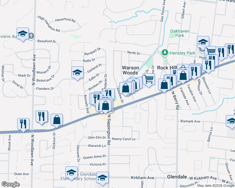 map of restaurants, bars, coffee shops, grocery stores, and more near 1419 Andrew Drive in St. Louis