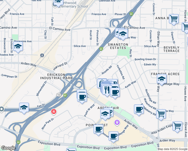 map of restaurants, bars, coffee shops, grocery stores, and more near 1542 Bartlett Lane in Sacramento