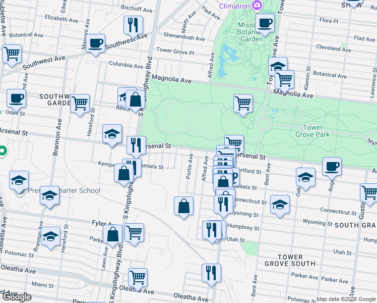 map of restaurants, bars, coffee shops, grocery stores, and more near 4500 Arsenal Street in St. Louis