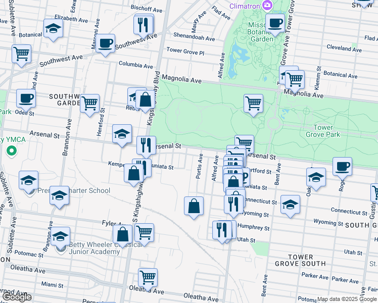 map of restaurants, bars, coffee shops, grocery stores, and more near 4522 Arsenal Street in St. Louis