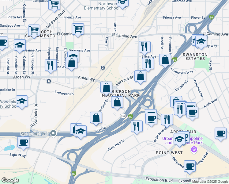 map of restaurants, bars, coffee shops, grocery stores, and more near 1220 Blumenfeld Drive in Sacramento