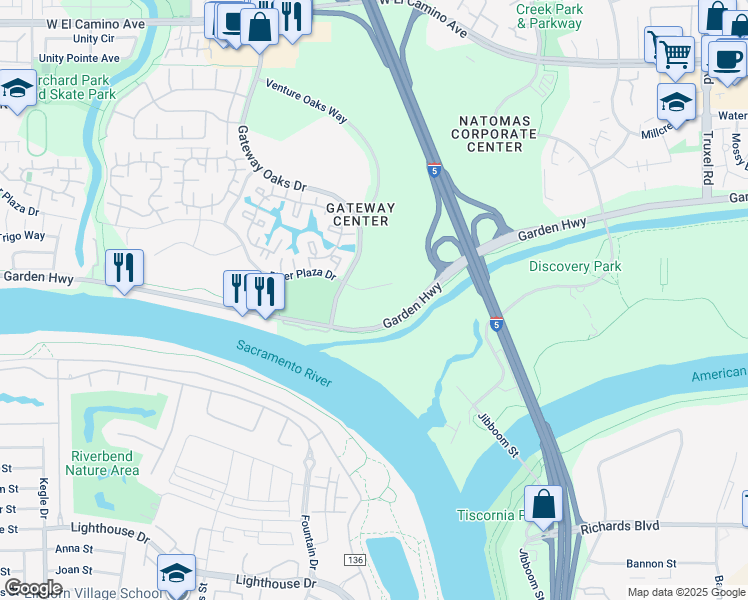 map of restaurants, bars, coffee shops, grocery stores, and more near 2150 River Plaza Drive in Sacramento