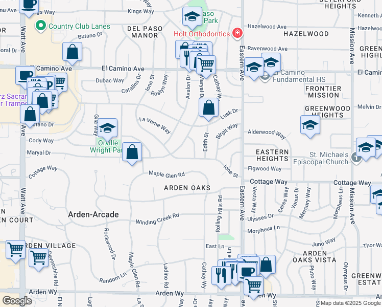 map of restaurants, bars, coffee shops, grocery stores, and more near 2221 Maryal Drive in Sacramento