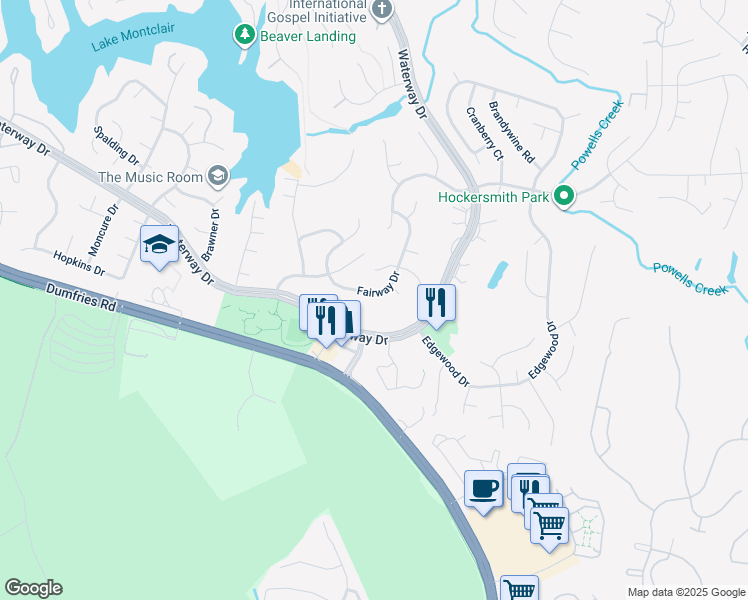 map of restaurants, bars, coffee shops, grocery stores, and more near 16017 Fairway Dr in Dumfries