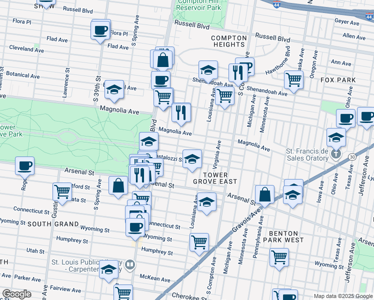 map of restaurants, bars, coffee shops, grocery stores, and more near 3438 Magnolia Avenue in St. Louis