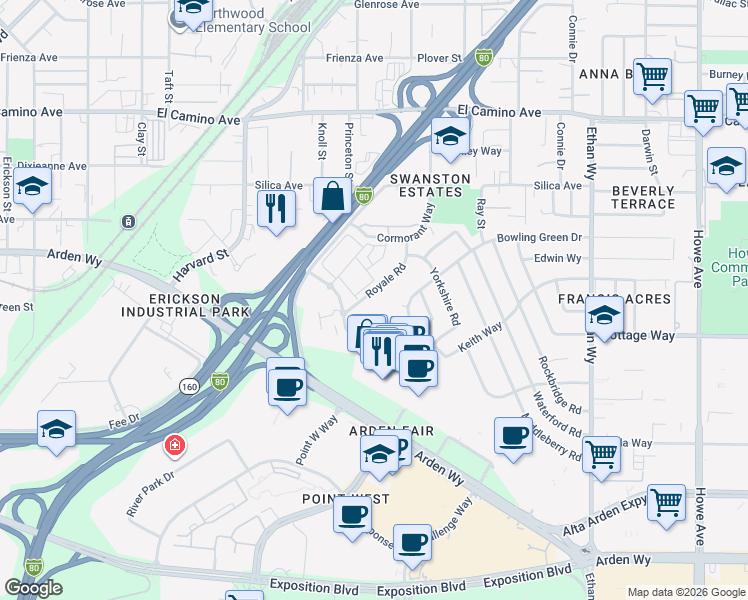 map of restaurants, bars, coffee shops, grocery stores, and more near 2200 Royale Road in Sacramento