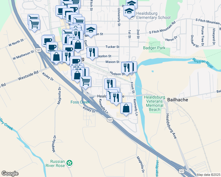 map of restaurants, bars, coffee shops, grocery stores, and more near 40 Adeline Way in Healdsburg
