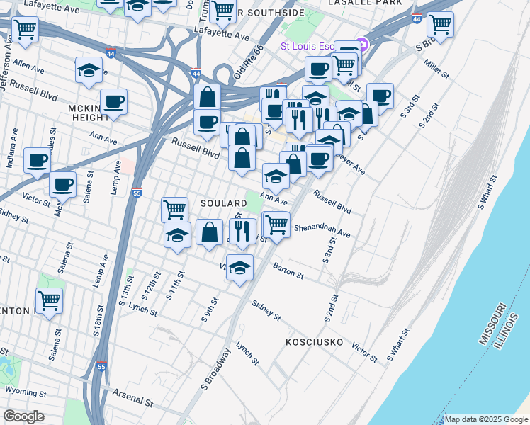 map of restaurants, bars, coffee shops, grocery stores, and more near 901 Ann Avenue in St. Louis