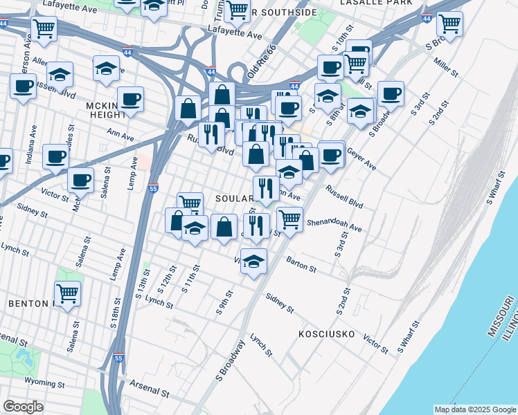 map of restaurants, bars, coffee shops, grocery stores, and more near 901 Shenandoah Avenue in St. Louis