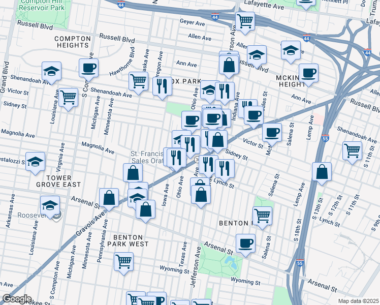 map of restaurants, bars, coffee shops, grocery stores, and more near 2604 Ohio Avenue in St. Louis