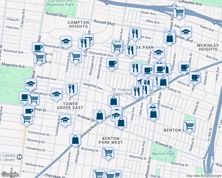 map of restaurants, bars, coffee shops, grocery stores, and more near 2660 Pennsylvania Avenue in St. Louis