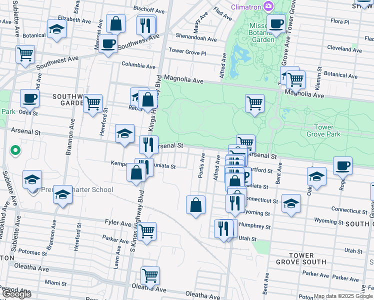 map of restaurants, bars, coffee shops, grocery stores, and more near 4522 Arsenal Street in St. Louis