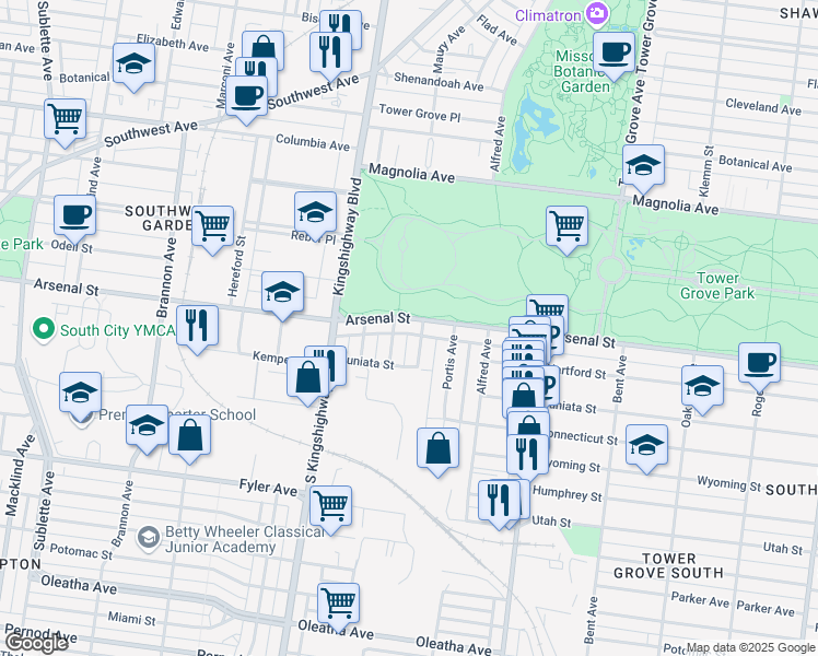 map of restaurants, bars, coffee shops, grocery stores, and more near in St. Louis