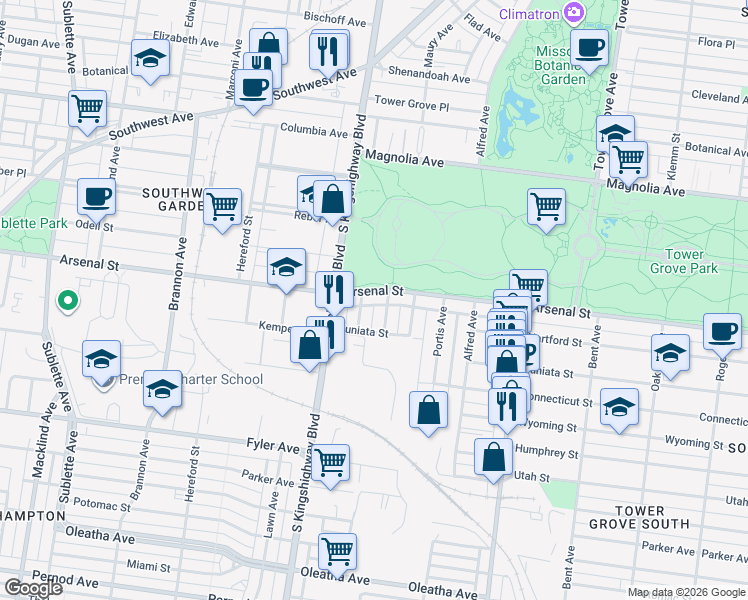map of restaurants, bars, coffee shops, grocery stores, and more near in St. Louis