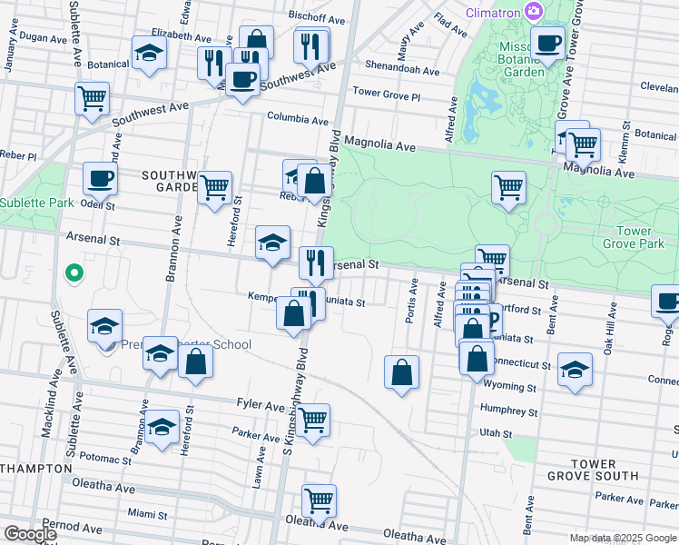 map of restaurants, bars, coffee shops, grocery stores, and more near in St. Louis