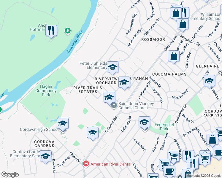 map of restaurants, bars, coffee shops, grocery stores, and more near 2224 Woodcliff Way in Rancho Cordova