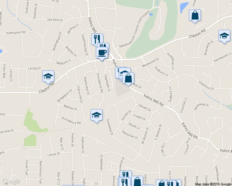 map of restaurants, bars, coffee shops, grocery stores, and more near 920 Kehrs Mill Road in Ballwin