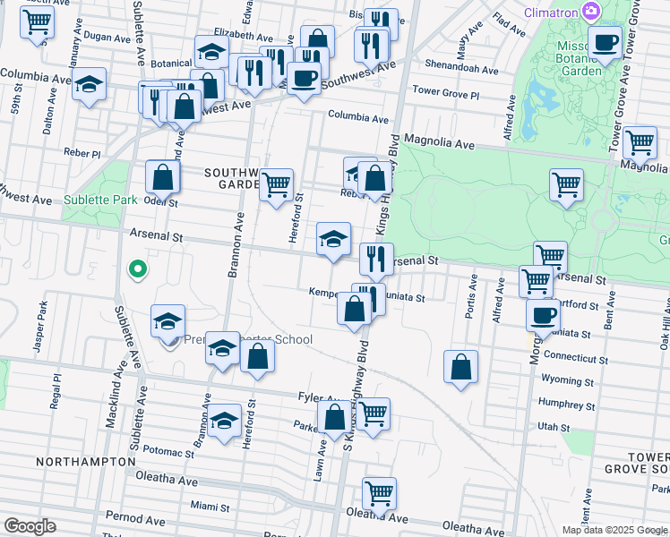 map of restaurants, bars, coffee shops, grocery stores, and more near 3125 South Kingshighway Boulevard in St. Louis