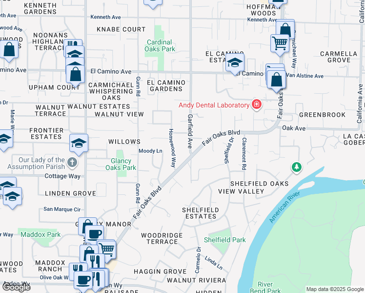 map of restaurants, bars, coffee shops, grocery stores, and more near 5451 Fair Oaks Boulevard in Carmichael