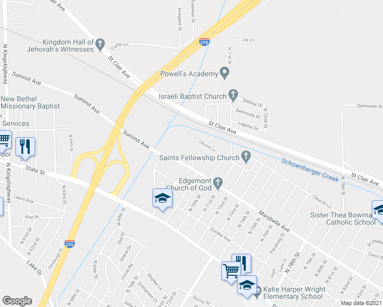 map of restaurants, bars, coffee shops, grocery stores, and more near 808 Lake Ana Court in East Saint Louis