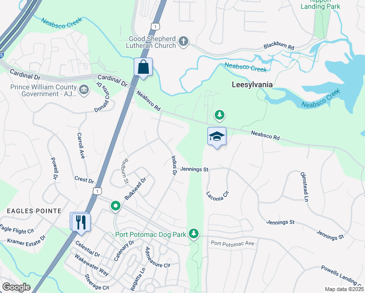 map of restaurants, bars, coffee shops, grocery stores, and more near 16015 Indus Drive in Woodbridge