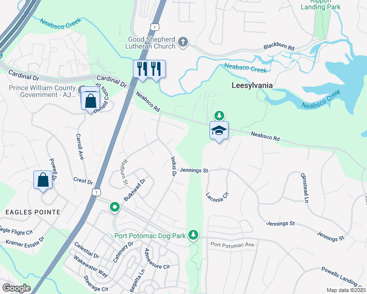 map of restaurants, bars, coffee shops, grocery stores, and more near 16015 Indus Drive in Woodbridge
