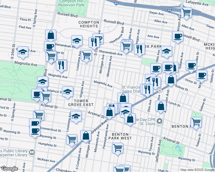 map of restaurants, bars, coffee shops, grocery stores, and more near 2800 Minnesota Avenue in St. Louis