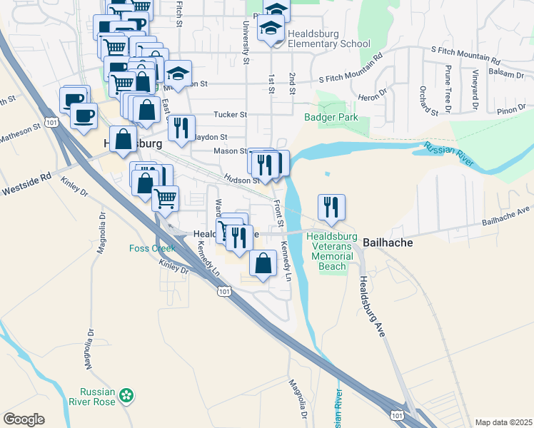 map of restaurants, bars, coffee shops, grocery stores, and more near 29 Front Street in Healdsburg