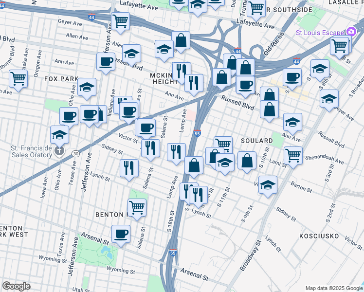 map of restaurants, bars, coffee shops, grocery stores, and more near 2420 Lemp Avenue in St. Louis