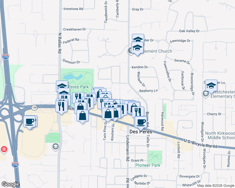 map of restaurants, bars, coffee shops, grocery stores, and more near 1328 Bansbach Road in Des Peres