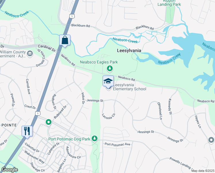 map of restaurants, bars, coffee shops, grocery stores, and more near 15800 Neabsco Road in Woodbridge